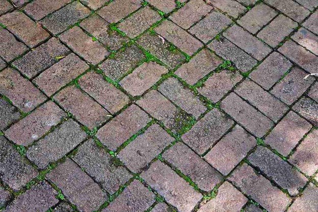 Uneven patio surface with shifting pavers and gaps before concrete patio replacement in Shaker Heights, OH